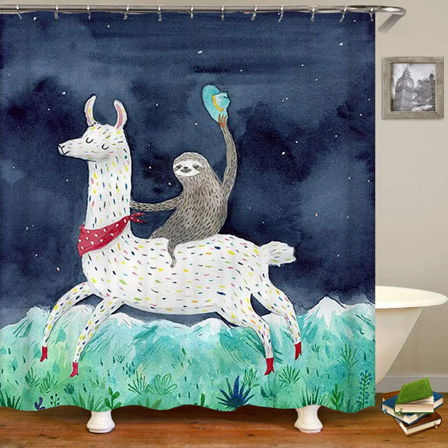 Funny Sloth Ride Llama Shower Curtain,Waterproof Polyester Fabric