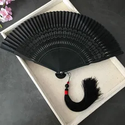 Chinese Bamboo Hand Fan Ventilador Portable Vintage Folding Black Silk Fan Classical Men Women Performance Prop Hand Fan