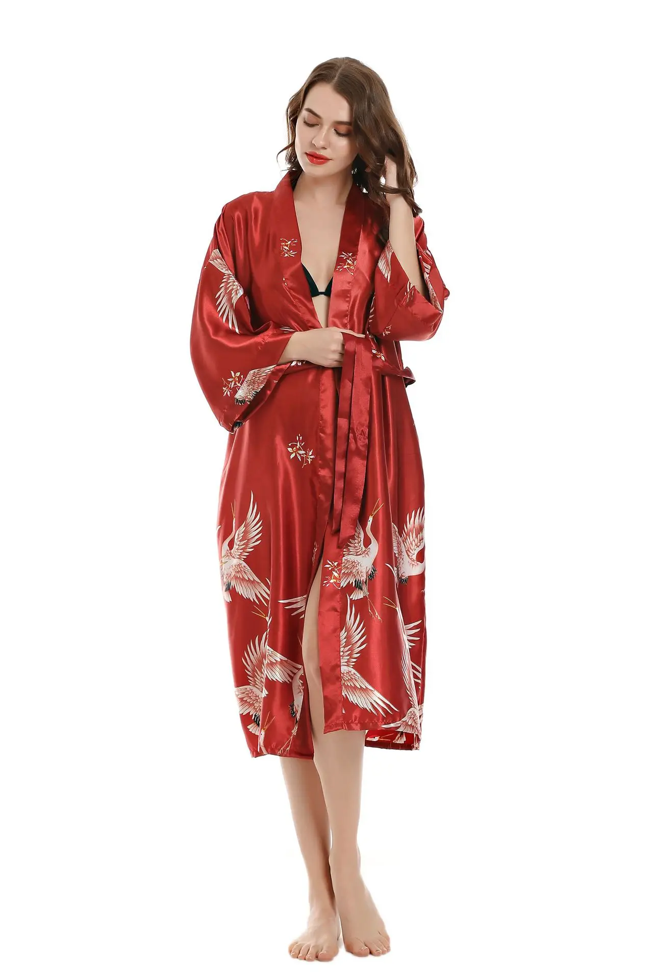 Bata larga kimono de rayón para dormir para mujer, ropa de lencería femenina, para novia y dama de honor, con bolsillo, estilo albornoz y vestido de