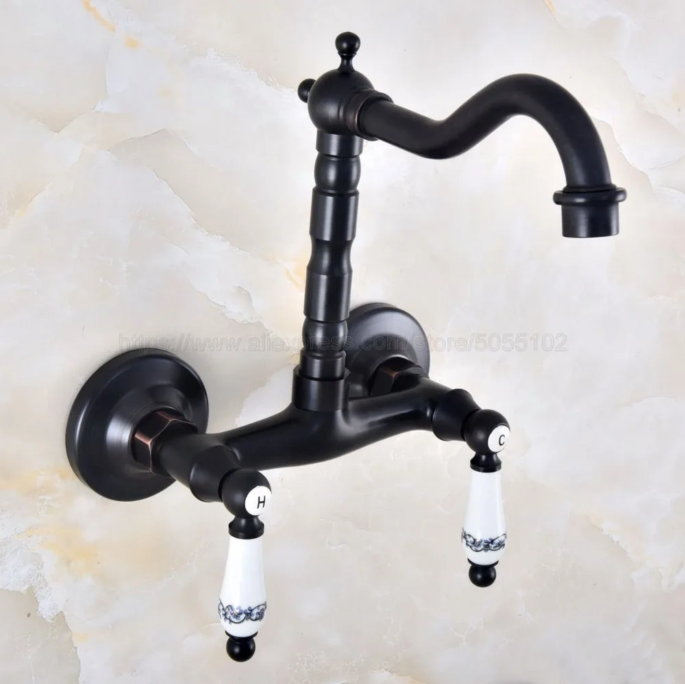 

Oil Rubbed Bronze Dual Handles Bathroom Kitchen Sink Faucets Wall Mounted Swivel Spout Two Holes Kitchen Mixer Taps znf833