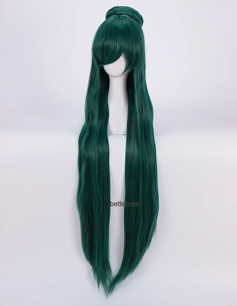 Sailor Pluto Meiou Setsuna Cosplay Wigs 100cm Long Dark Green Heat Resistant Synthetic Hair Wig + Wig Cap + A Bun