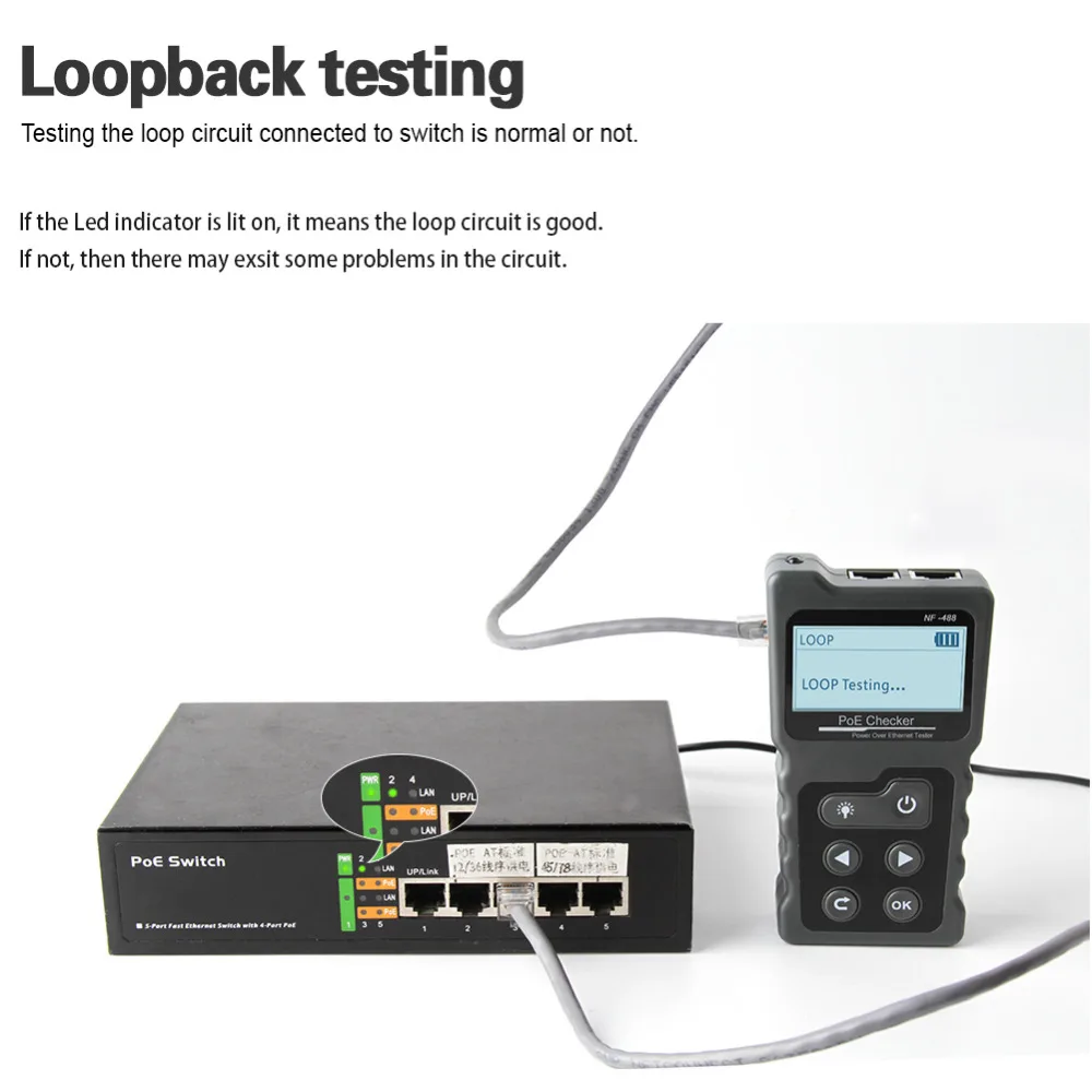 Noyafa-probador de Cable de red LCD, prueba Lan, comprobador PoE NF-488, probador de corriente de voltaje PoE en línea con rastreador de Cable Ethernet