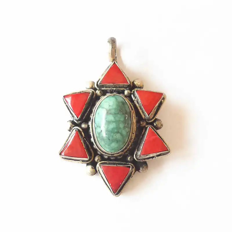 TBP043 Nepal Vintage Clover Pendant Inlay Colorful Stone Flower Tibetan Jewelry