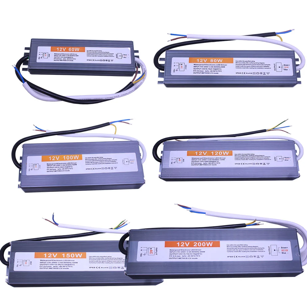 12v/24v ac/dc transformers, power supply, ip67, waterproof, ip68, sizes 220v to 12v 60w 80w 100w 120w  150w 200w 250w 300w 400w