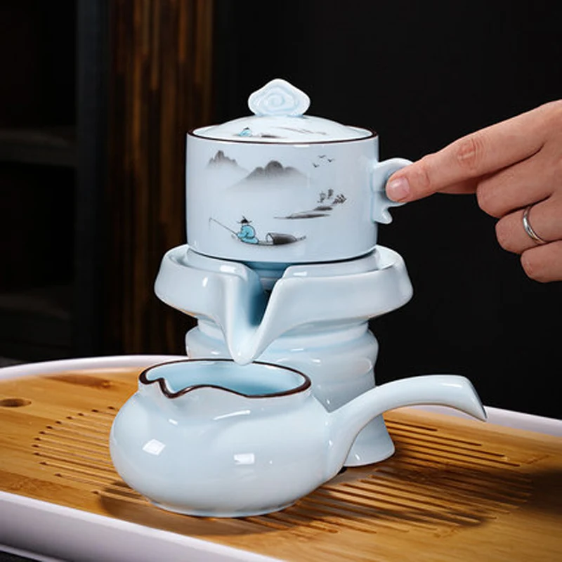 Chinese Gongfu Tea Gift Set Service, Automatic Stone-Mill Design, Porcelain Tea Pot Cups, Kung Fu Tea Ceremony , Home Decor