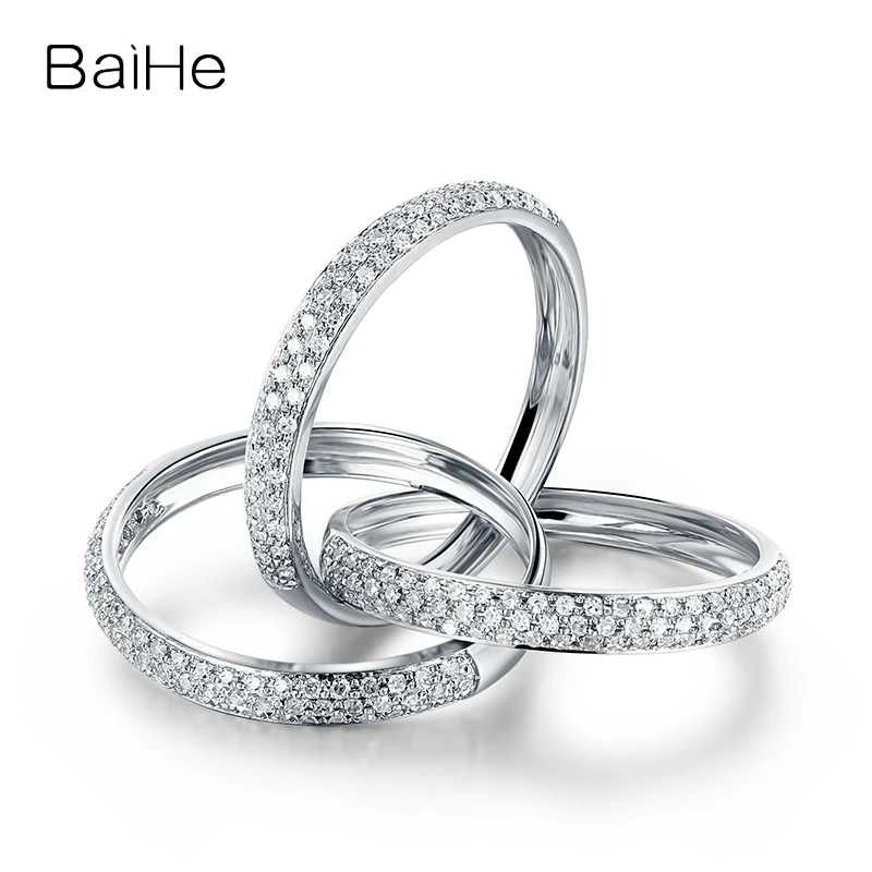 BAIHE Genuine Solid 18K White Gold 0.60ct H/SI Natural Diamond Three-Ring Interlocking Diamond Row Ring Women Men Fine Jewelry