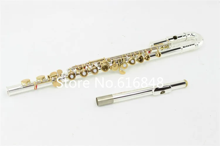 Hot FL-311 flute Small Elbow Curved Head the 16 / 17 key holes open closed C Flute Silver body gold keys instrument flauta