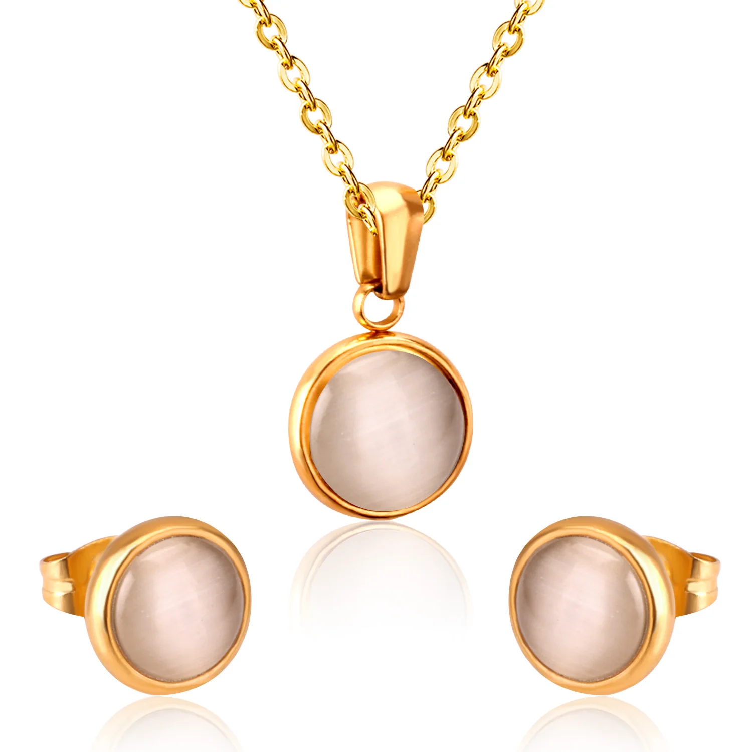 LUXUKISSKIDS Exquisite Round Opal Shell Dubai Jewelry Sets Wedding Bridal Luxury Pendant Necklace Earings Set Fashion Pink Stone