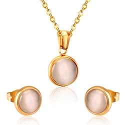 LUXUKISSKIDS Exquisite Round Opal Shell Dubai Jewelry Sets Wedding Bridal Luxury Pendant Necklace Earings Set Fashion Pink Stone