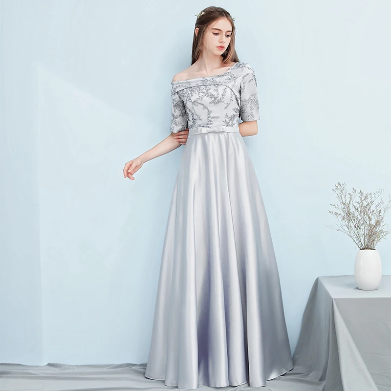 Bridesmaid Dresses Silver Gray Pattern A Line Vestido De Festa Sexy Halter Elegant Gowns Short Sleeve Wedding Party Dress R025