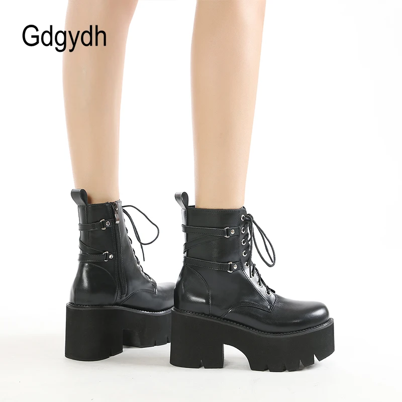 Gdgydh Mid Calf Boots Platform Goth Shoes Chunk Heels Black Leather Plus Size Side Zipper Rave Combat Boots for Women Lace Up