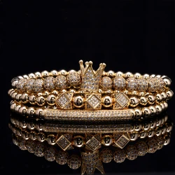 3pcs/Set Luxury Gold Color Beads Royal King Crown Dice Charm CZ Ball  Bracelet Mens Fashion Bracelets & Bangles Multi Size