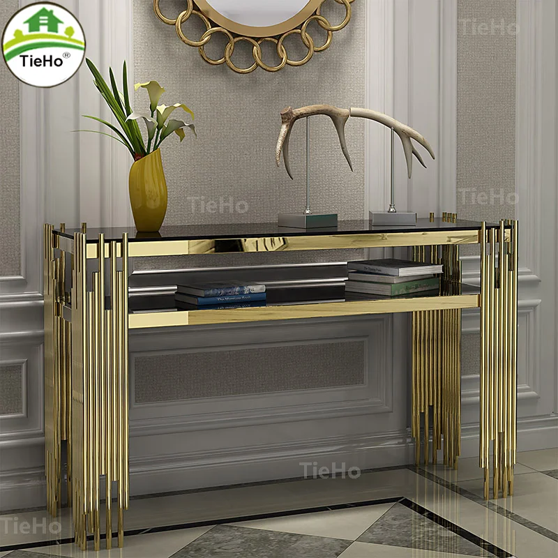 TieHo-Luxury Gold Hallway Console Table, Living Room Porch Table,Tempered Glass Entry Table, Home Furniture, Metal Cabinet Table