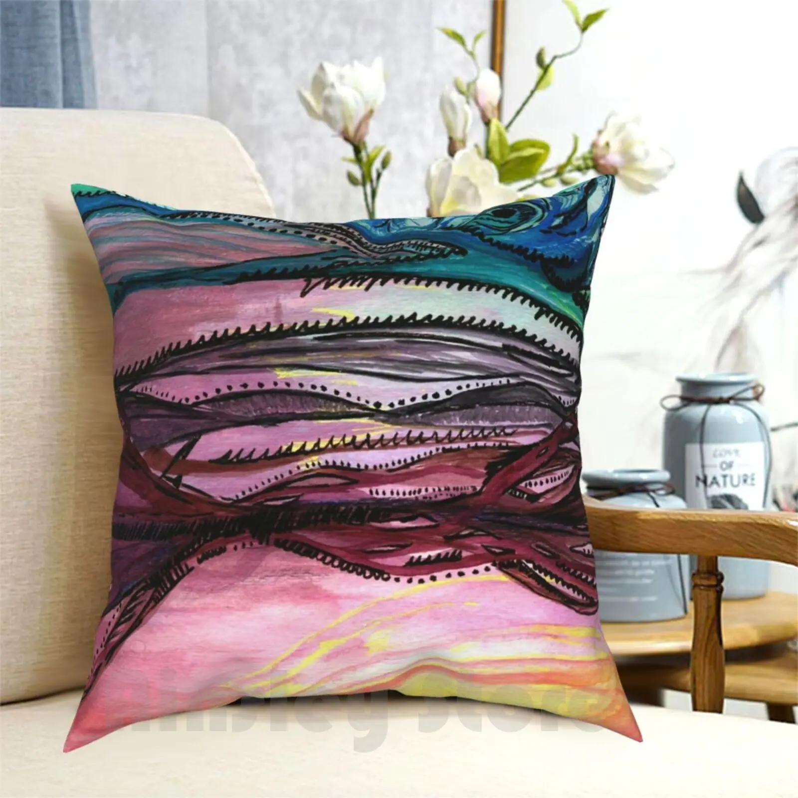 Strange Lands #1 Pillow Case Printed Home Soft Throw Pillow Abstract Dinosaur Pterodactyl Spiny Cool Colors Pen Ink