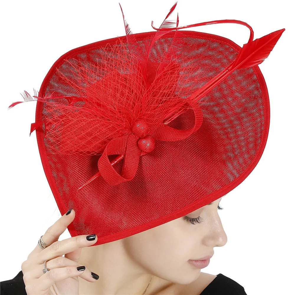 

Vintage Peach Imitation Linen Fascinators With Feather Ladies Red Wedding Veil Church Fedora Pillbox Hat Derby Women Dress Hats