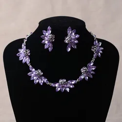 Baroque Purple Crystal Leaf Bridal Jewelry Sets Luxury Rhinestone Choker Necklace Earrings Set Wedding Dubai Jewelry Set Bijoux