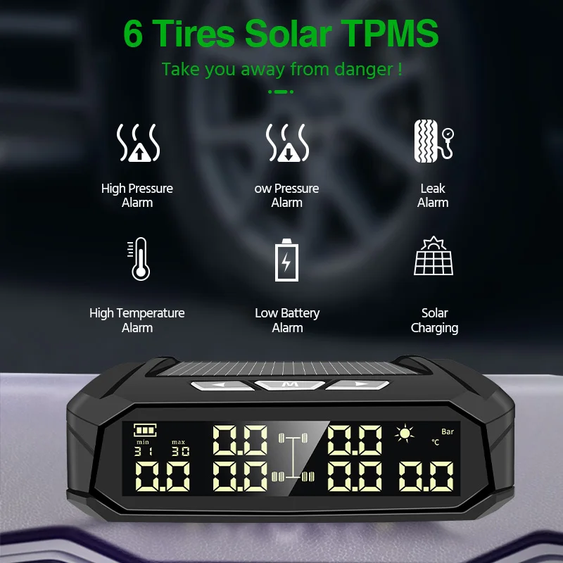 Car TMPS Safety Tire Pressure Alarm System Solar Power Digital Display Smart Tire Pressure Monitoring System 4/6 Tire sensor