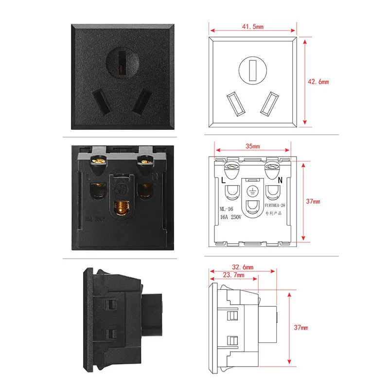 Black White Australia Screw Wiring embedded 16A 3Pin UPS PDU Power Socket AU Desktop Receptacle AC Panel Module Outlet 35*37mm