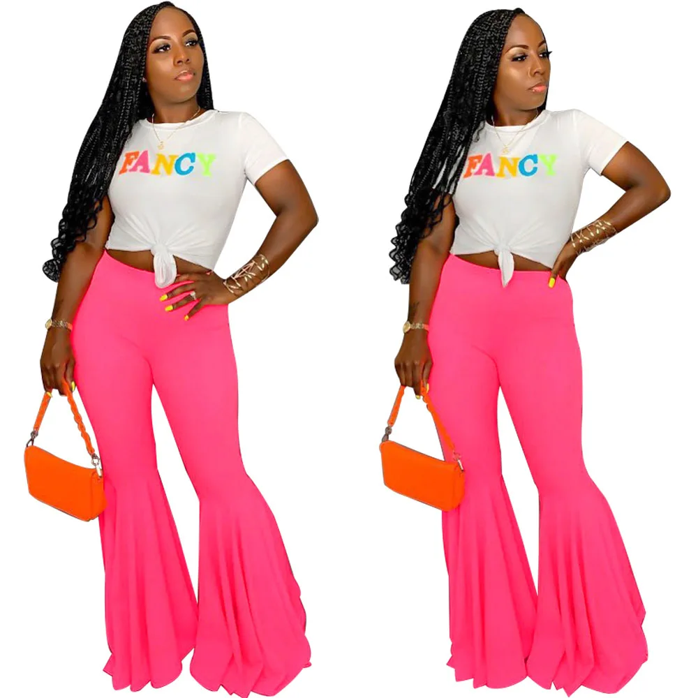 Fashion Ruffle Flare Pants Wide Leg Women Colorful Bodycon Mid Waist Bell-Bottoms Pant Vintage Solid Trouser
