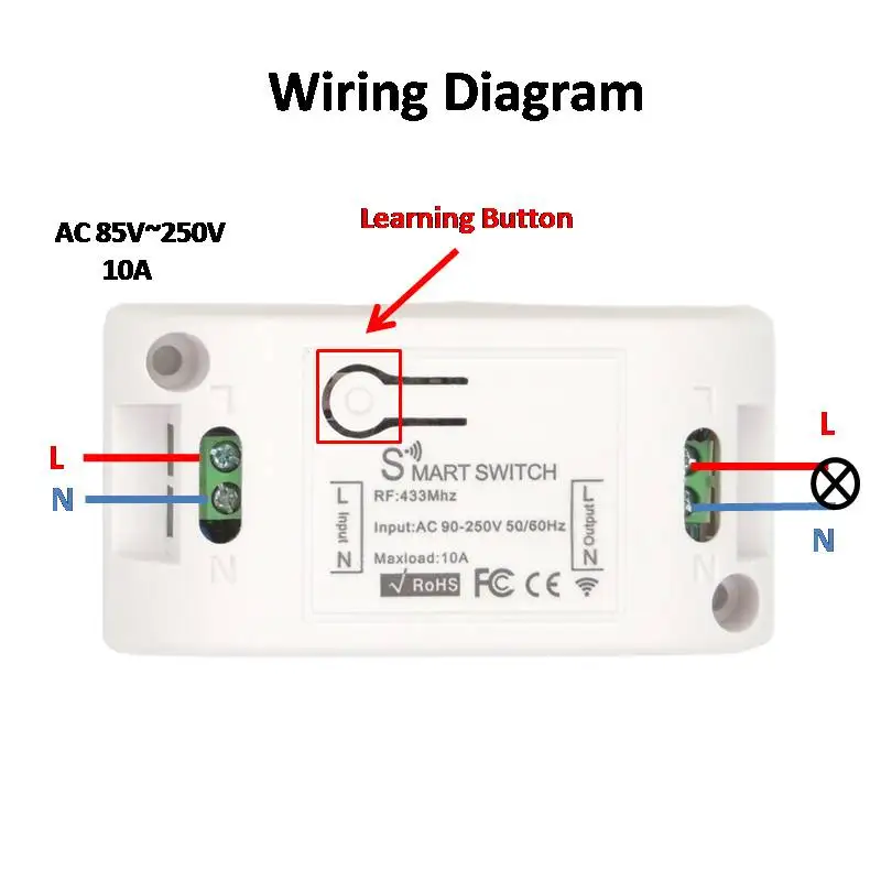 433MHz AC 220V Remote Control 10Amp 2200W 1CH Relay Receiver and Transmitter Switch for Lighting Lamp LED and Door System