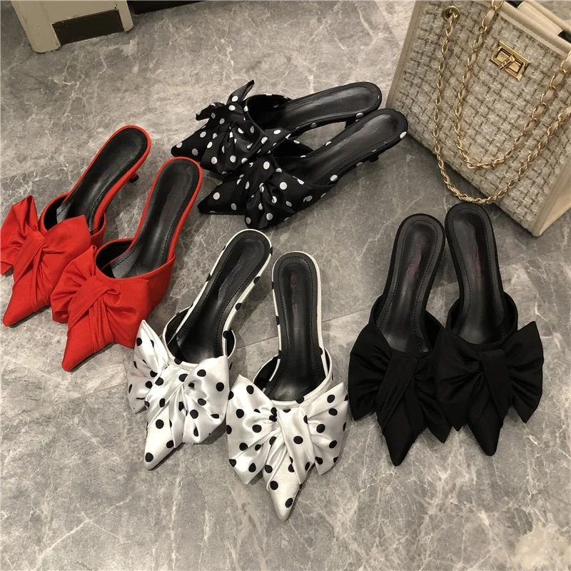 2021 New Spring Slippers Women\'s Korean-Style Pointed Polka Dot Bow Stiletto Mid-Heel Low Heel Slippers Polka Dot Half Slippers