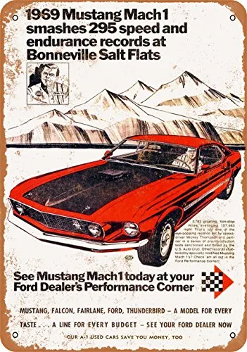 

Metal Sign - 1969 Ford Mustang Mach 1 at Bonneville Salt Flats - Vintage Look Wall Decor for Cafe beer Bar Decoration Crafts