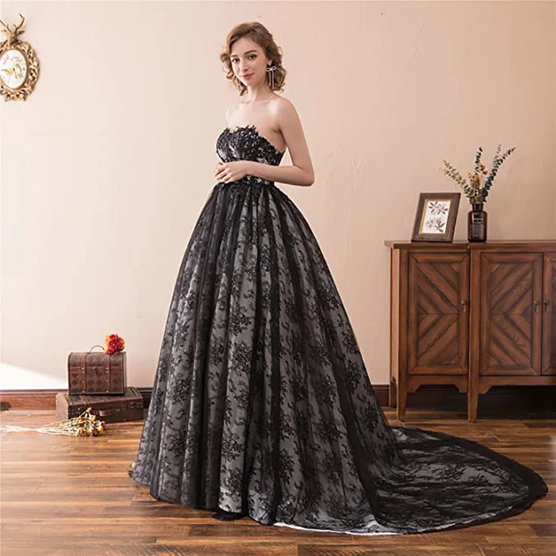 ผู้หญิงยาว Lace Party Sweetheart Strapless Appliques งานแต่งงาน Robe Elegant Court รถไฟสายเจ้าสาวเสื้อผ้า