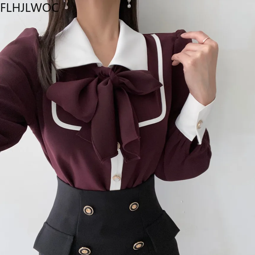 Women\'s Cute Bow Tie Tops Preppy Style Vintage Japan Korea Design Single Breasted Button Elegant Formal Red Black Shirts Blouses