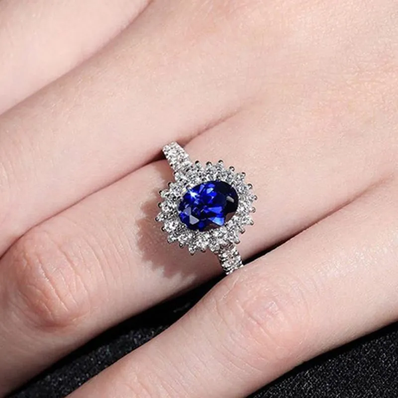 CAOSHI Luxury Blue Crystal Stone Rings with Tiny Flower Cubic Zirconia Pretty Women\'s Jewelry Elegant Engagement Accessories