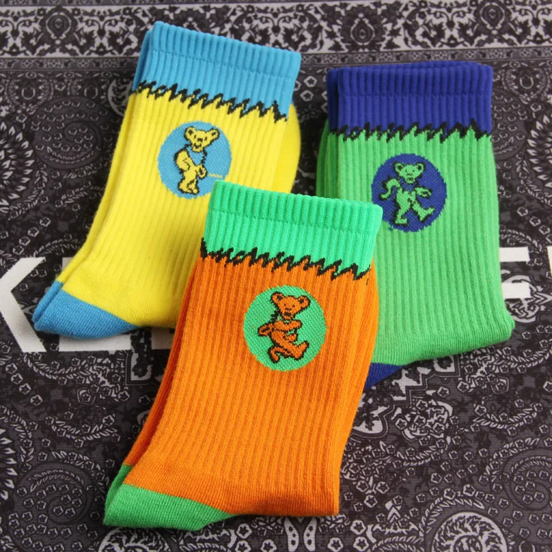 Vintages Style Crew Socks Grateful Bears Original Dunk Dancing Bear Sb Green Yellow Orange Blue Street Fashion SBs Deadhead GD