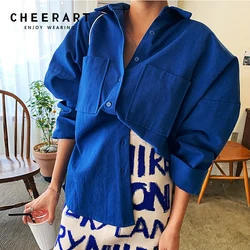 CHEERART Klein Blue Oversized Shirt For Women Fall Korean Fashion Long Sleeve Top Button Up Shirt Blouse White Loose Shirt