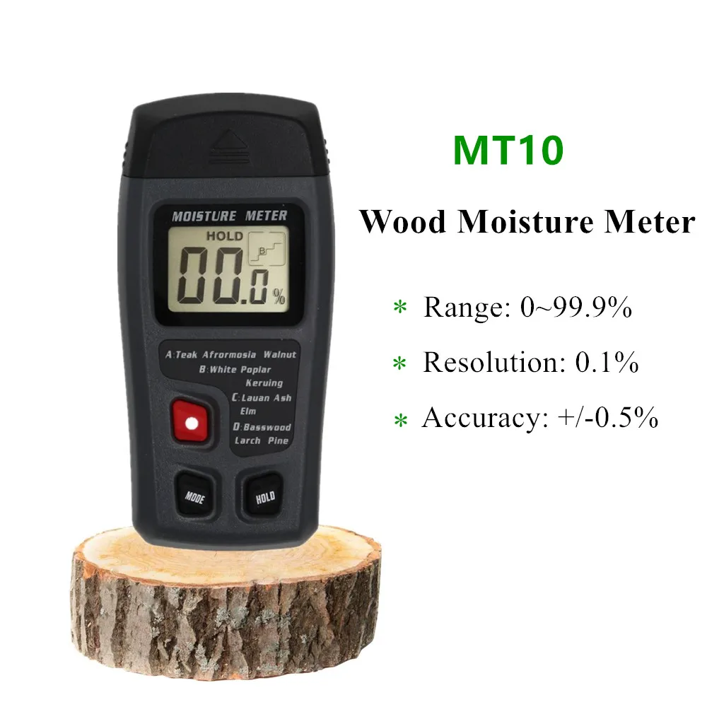 MT10 Wood Moisture Meter Wood Paperboard and Dry Cargo Humidity Tester Hygrometer Timber Damp Water Content Detector Two Pins