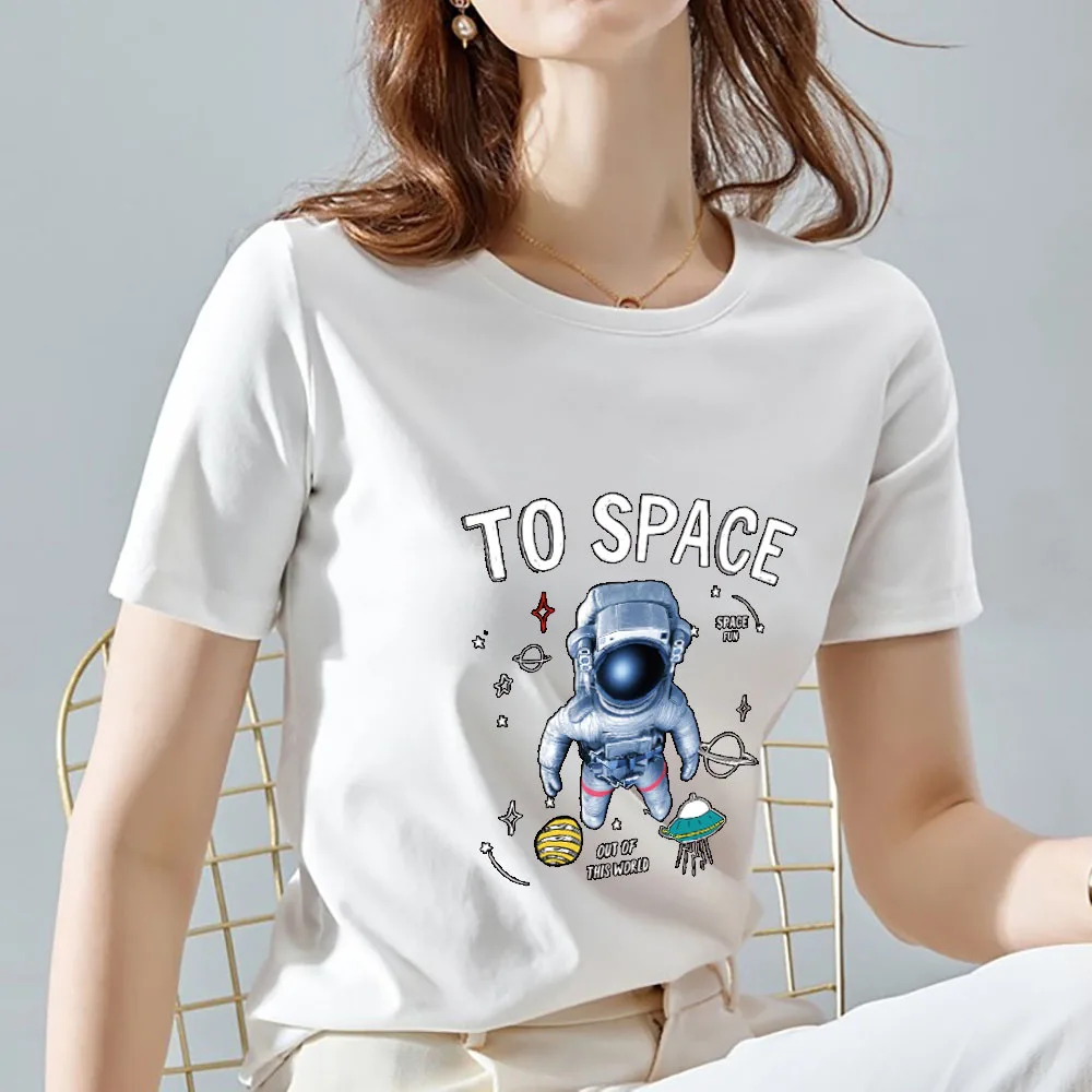 

Women's Summer White Short-sleeved T-shirt Casual All-match Astronaut Print Series Top Slim O-neck Soft Commuter Comfortable Top