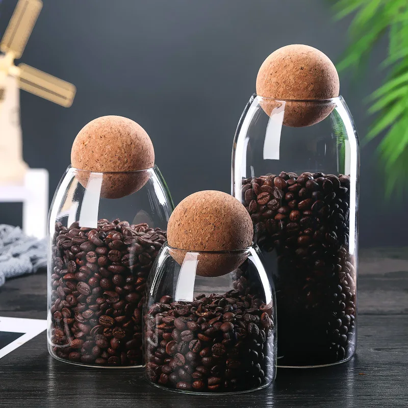 Glass Storage Bottle, Jars Containers, Borosilicate, Transparent, Lead-Free, Sealed Can, Coffee Grains, Creative Round Cork Tea