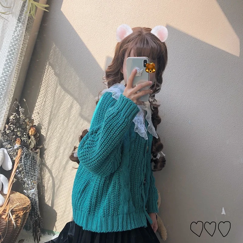 Soft girl Japanese sweater women autumn and winter loose wearing knitted cardigan jacket doll collar lace bottoming shirt suit