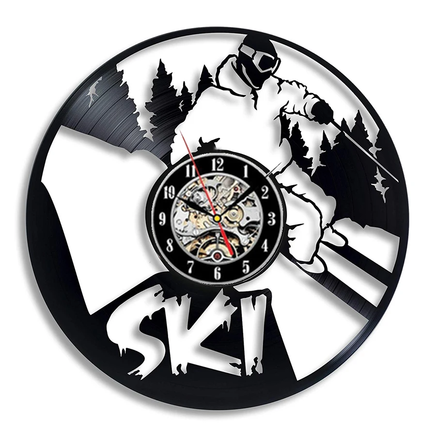 Ski Snow Wall Clock Modern Design Vintage Vinyl Record Wall Clock Snowboarding Hanging Watch Home Decor 12 inch Gifts for Skier