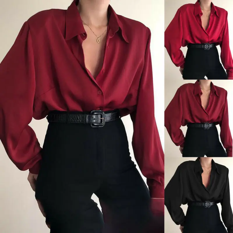 Women Casual Loose Button Down Shirt Solid Color Turn Down Collar Long Sleeve Blouses Office Lady Shirts Spring Autumn Clothes