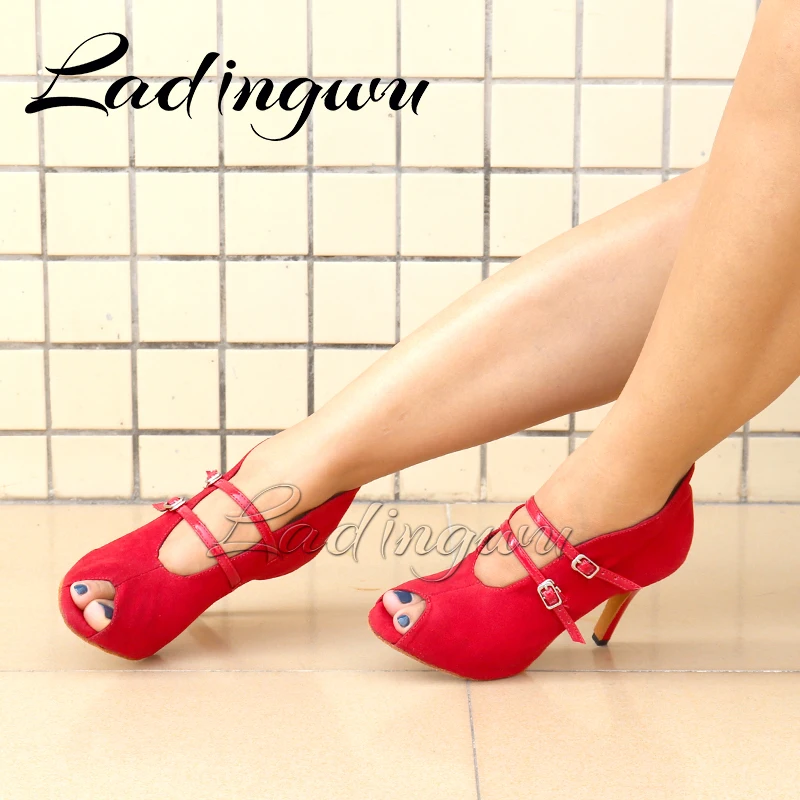 Ladingwu Latin Dance Shoes Salsa laties Dance Short Boots Red Suede Professional Ballroom Dance Shoes Hot Sell Indoor Dance Shoe