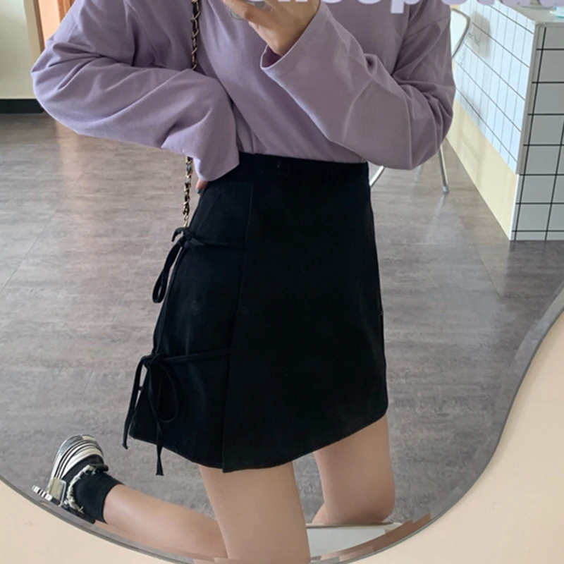 

Korean Solid A-Line Women Skirt Office Lace-Up Ladies High Waist Kawaii Skirts Vintage Casual Sweet Skirts