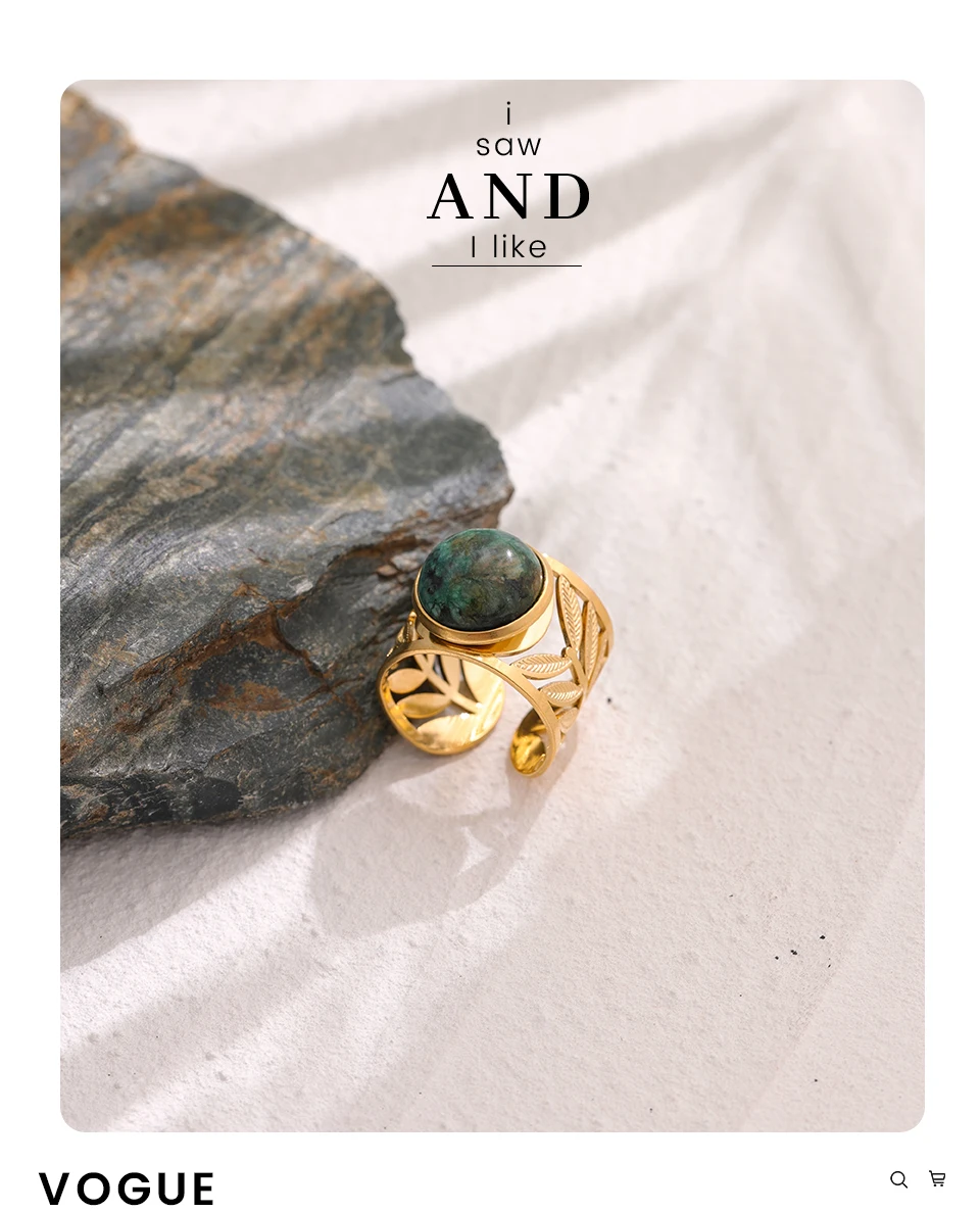 Yhpup Stainless Steel Green Natural Turquoise Opening Ring Statement Golden 18 K Plated Ring bague acier inoxydable Gift New