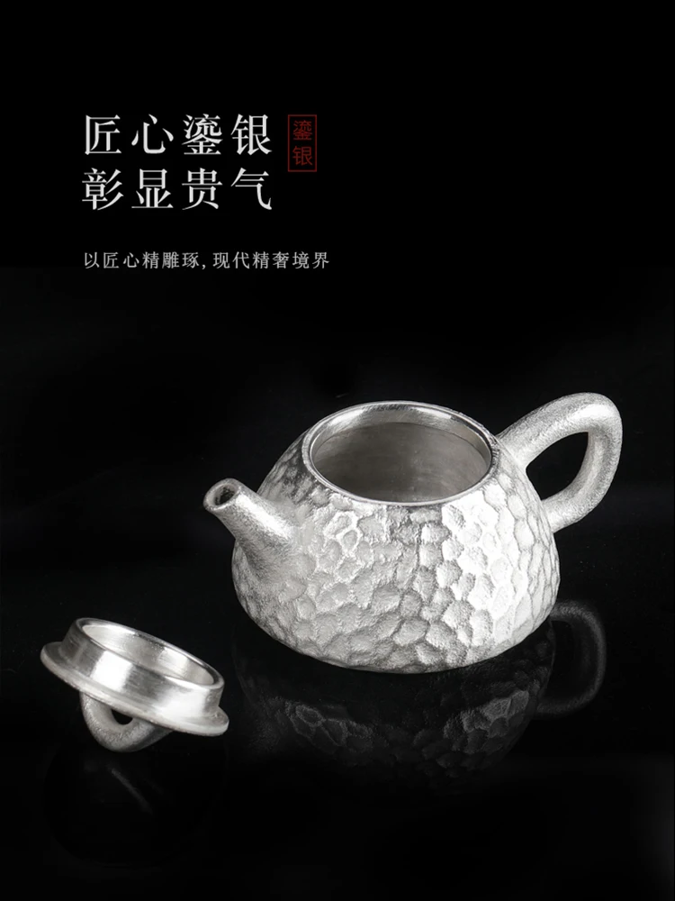 Silver-plated hammered teapot, sterling silver, handmade silver-plated ceramic tea single pot, Japanese Kung Fu tea set