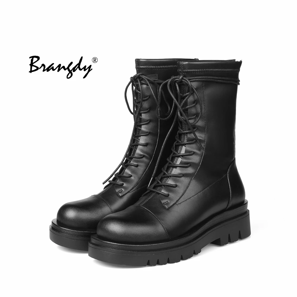 

Brangdy New Women Platform Shoes Punk Rivet Short Boots Woman Ankle Round Toe Zip Lace Up Autumn Winter Female Casual Boot