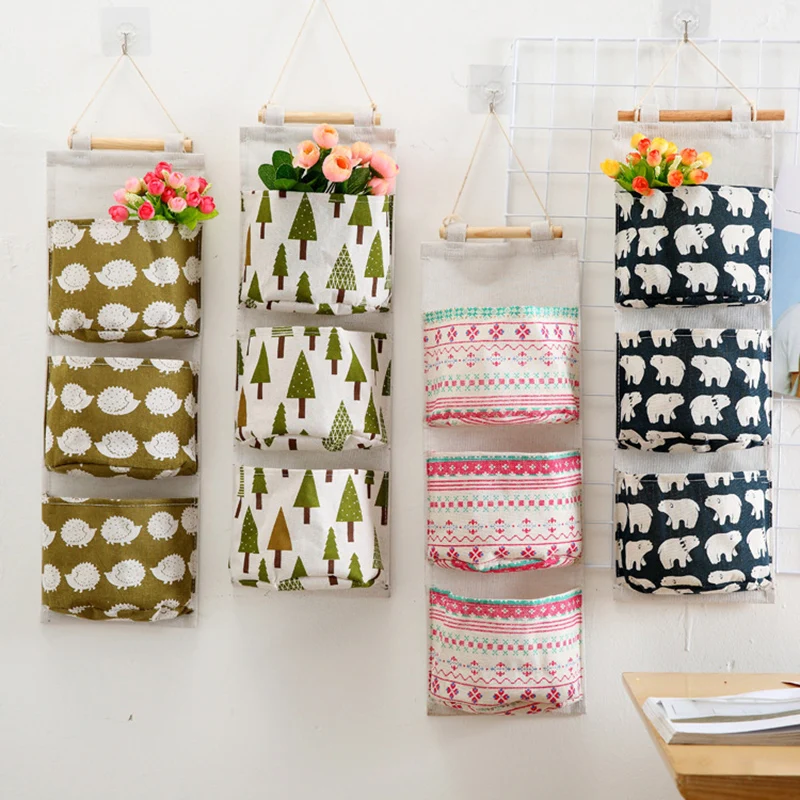Wall Mounted Storage Bag with 3 Pockets Linen Fabric Waterproof Wall Door Closet Hanging Organizer for Bedroom Bathroom LBS