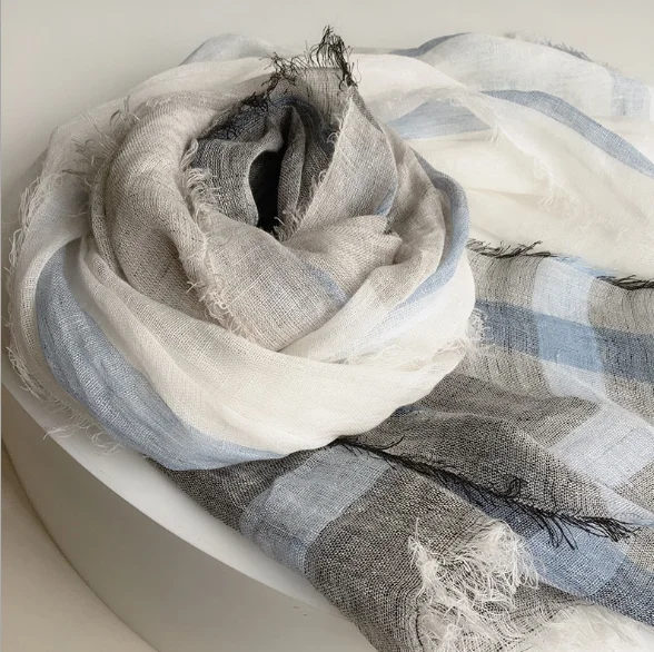 High Quality 100% Linen Scarf Fashion Brand Striped Scarf Spring Autumn Warm Soft Shawls Linen Tassel Scarves