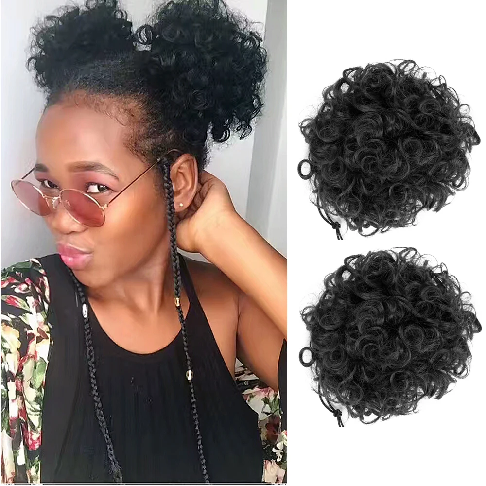 Afro Bun Puff Short Curly Wig Ponytail Drawstring  Jerry Curl Bun Clip in on Synthetic Kinky Curly Chignon Hair Bun