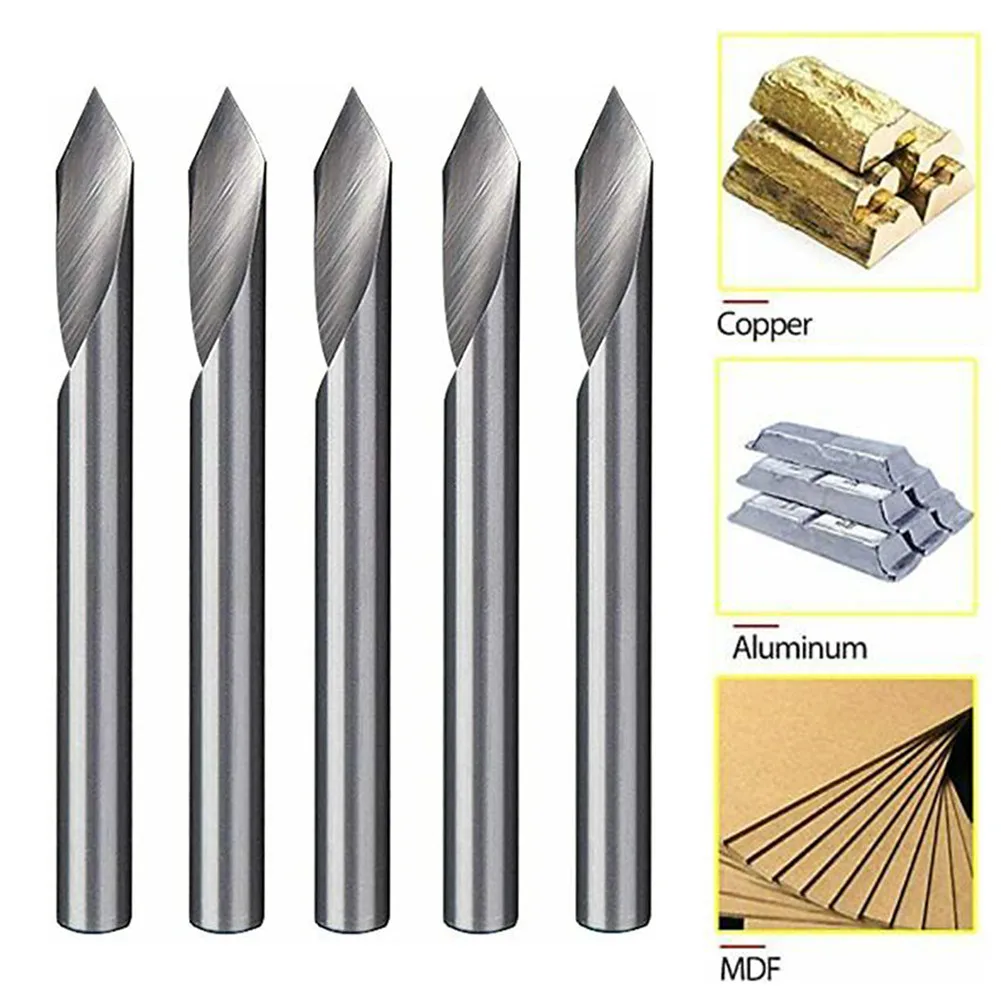 5Pcs 1/8 30/60 Degree Single Flute Tungsten Steel Milling Cutter Bit V Groove Engraving Tool Flat Bottom CNC Spiral Router Bits