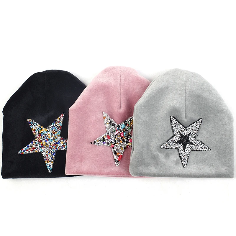 Newborn Baby Rhinestones Star Beanies Soft Hats Outdoor Warm Caps Boys Girls DIY Beanies Hat Candy Color Cap Kids Gift