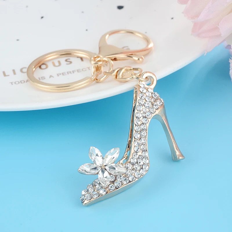 NEW Crystal High Heel Shoe Keychain Purse Car Shiny Rhinestone Key Chain Bag Decorative Alloy Keyring