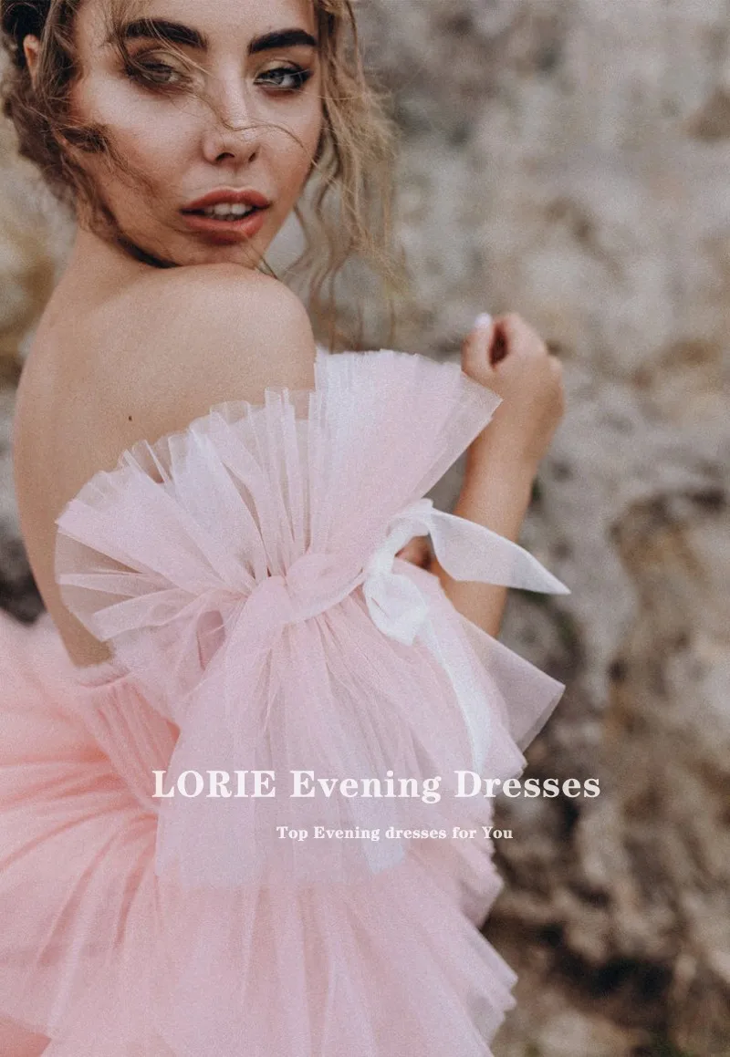 LORIE สีชมพูพรหมชุด Sweetheart Ruffled แยกแขน A-Line Tulle รัดตัวชุดราตรีชื่อเสียงชุดแต่งงาน