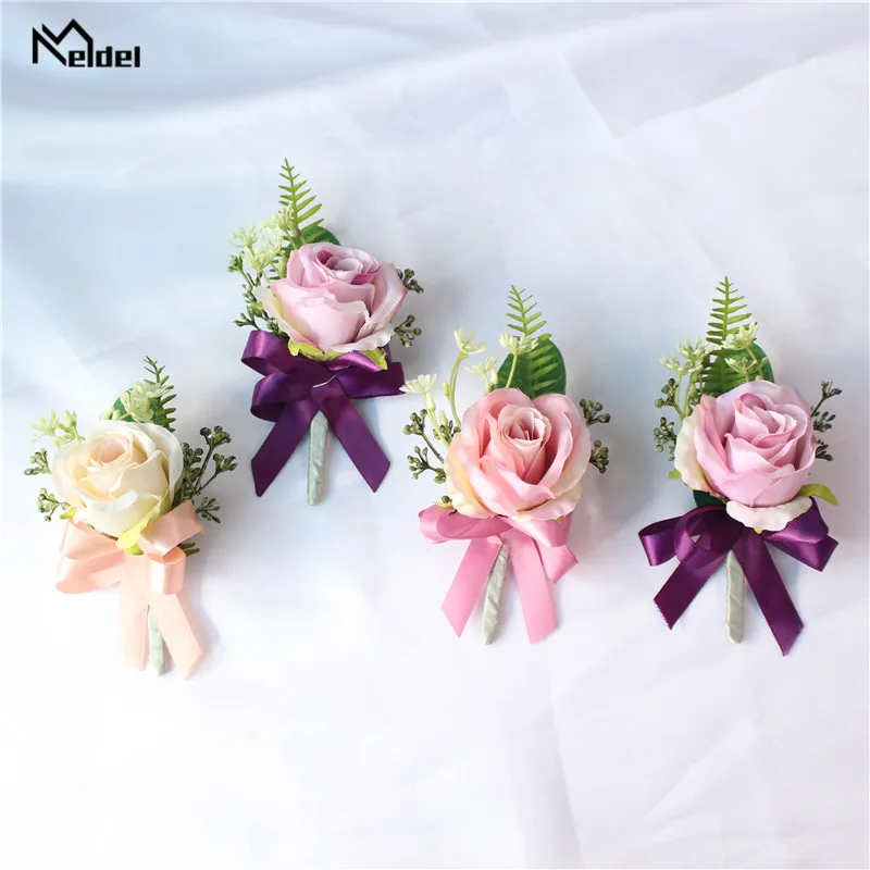 Meldel Faux Rose Groom Boutonniere Bunga Pernikahan Pergelangan Tangan Korsase Gelang Pengiring Pengantin Pita Pernikahan Korsase Bunga Aksesoris